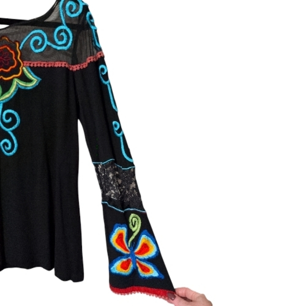 Vintage Collection Embroidered Black Top with Colorful Floral/Butterfly Accents - Picture 3 of 7